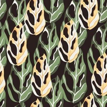 Seamless pattern with simple abstract monstera leaves. Green, white and yello Stock Illustration