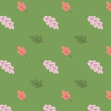 Seamless pattern with simple autumn leaves in pink orange and green on a gr.. Illustrazione stock