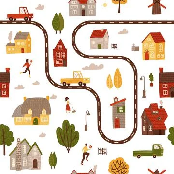 Seamless pattern with simple bright houses, trees, cars and characters. Summer Stock Illustration