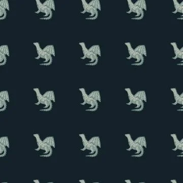 Seamless pattern with simple dragon silhouettes ornament. Dark background. Fa Stock Illustration