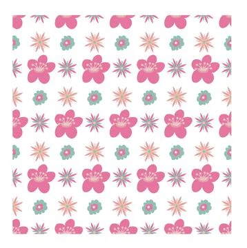 Seamless pattern of simple flowers and plant elements. Vector illustration in Stock Illustration