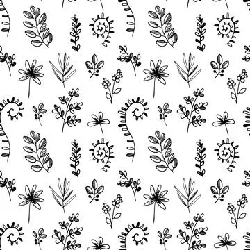 Seamless pattern with simple flowers twigs leaves Stock Illustration