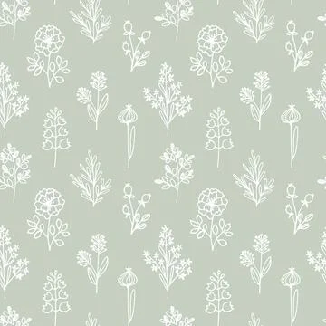 Seamless pattern with simple flowers twigs leaves. Stock Illustration