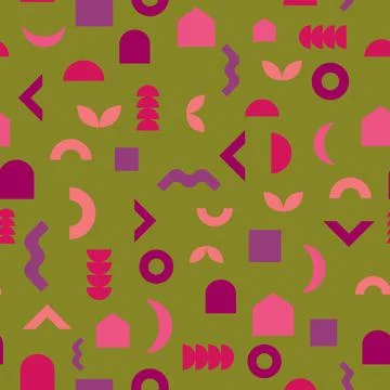 Seamless pattern of simple geometric shapes on a green background. Illustrazione stock