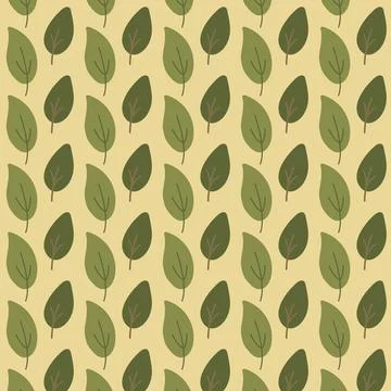 Seamless pattern with simple green leaves on soft yellow background Illustrazione stock