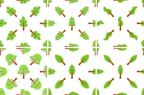 Seamless pattern of simple green trees and leaves growing on white background Stock-Illustration
