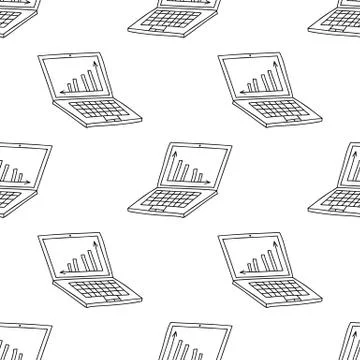 Seamless pattern from simple hand drawn doodle laptop with graph on desktop.  Illustrazione stock