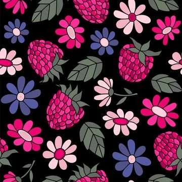 Seamless pattern of simple hand-drawn raspberry berries and flowers. Bright v Stock Illustration
