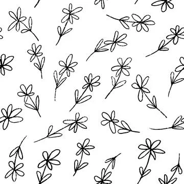 Seamless pattern with simple hand drawn doodle flowers, black line floral design Stock Illustration