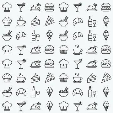 Seamless pattern of simple line art icons for food and drinks, including ch.. Stock Illustration