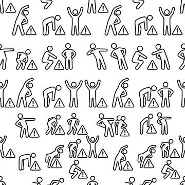 Seamless pattern of simple line art figures performing various exercises an.. Stock Illustration