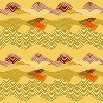 Seamless pattern simple Nature background with Chinese wave circle Brown beig Stock Illustration