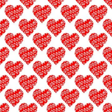 Seamless pattern of simple red hearts in doodle style Stock Illustration