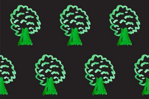 Seamless pattern with simple trees on black board. Ecology theme. Save the Stock Illustration