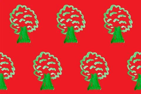 Seamless pattern with simple trees on red board. Ecology theme. Save the plan Stock Illustration