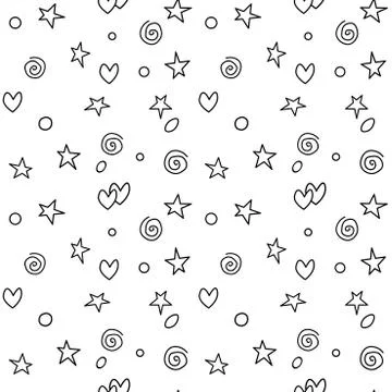 Seamless pattern of simple vector outline black elements stars hearts points  Illustrazione stock