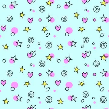 Seamless pattern of simple vector outline bright elements stars hearts points Illustrazione stock