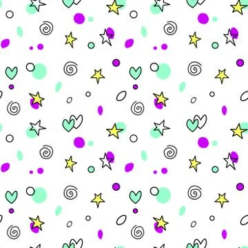 Seamless pattern of simple vector outline bright elements stars hearts points Illustrazione stock