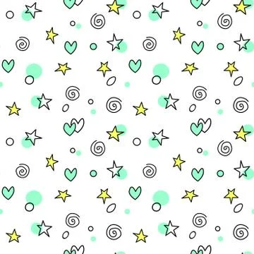 Seamless pattern of simple vector outline bright elements stars hearts points Illustrazione stock