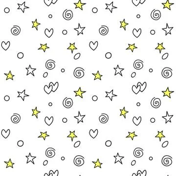 Seamless pattern of simple vector outline bright elements stars hearts points Illustrazione stock