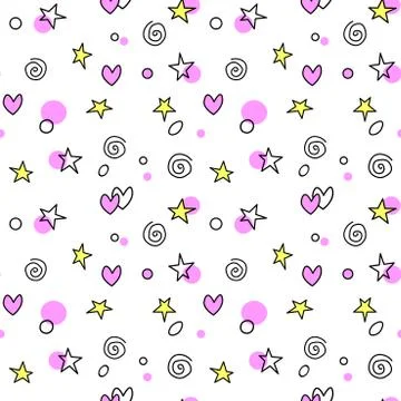 Seamless pattern of simple vector outline bright elements stars hearts points Illustrazione stock
