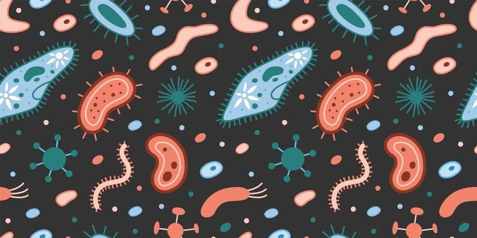 Seamless pattern with simplest unicellular organisms, bacteria and viruses,.. Stock Illustration