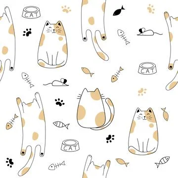 Seamless pattern of simply drawing kitty in various acting isolated on white Stock Illustration