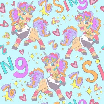 Seamless pattern singing unicorns vector background Stock Illustration