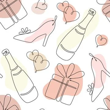 Seamless pattern with single line drawing of romantic symbols. Vector Stock Illustration