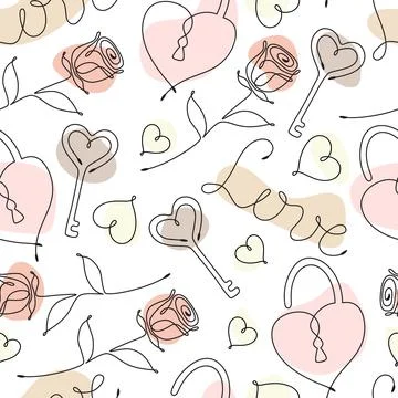 Seamless pattern with single line drawing of romantic symbols. Vector Illustrazione stock