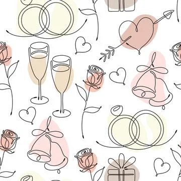 Seamless pattern with single line drawing of romantic symbols. Vector Stock Illustration