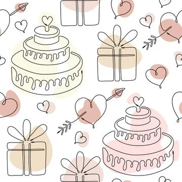 Seamless pattern with single line drawing of romantic symbols. Stock Illustration