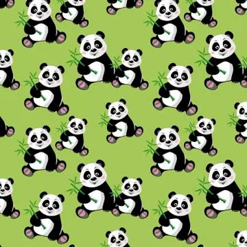 Seamless pattern with sitting cute panda and bamboo Stock Illustration