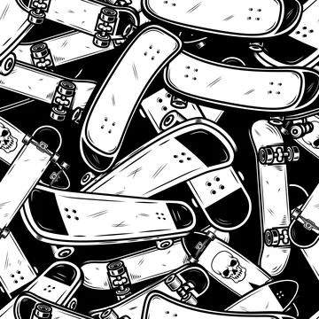 Seamless pattern with skateboards elements in monochrome style. Design elemen Stock Illustration