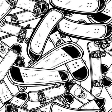 Seamless pattern with skateboards elements in monochrome style. Design elemen 스톡 일러스트