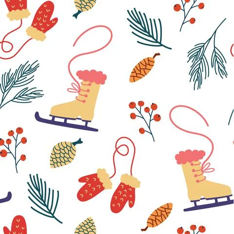 Seamless pattern with skates and mittens. Winter activities background. New y Stock Illustration