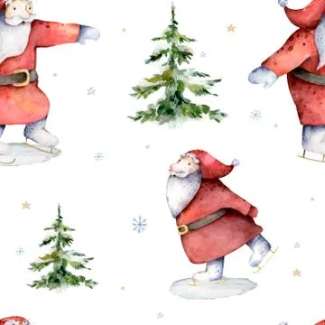 Seamless pattern with skating Santa Claus in forest, snowflakes and fir trees Stock Illustration