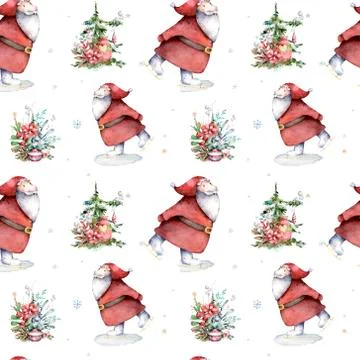 Seamless pattern with skating Santa Claus in forest, snowflakes and fir trees Stock Illustration