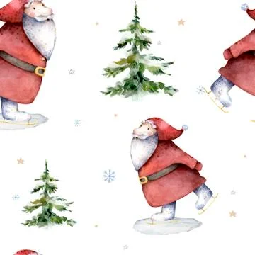 Seamless pattern with skating Santa Claus in forest, snowflakes and fir trees Stock Illustration