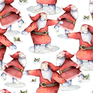Seamless pattern with skating Santa Claus, snowflakes and fir trees. Hand dra Stock Illustration