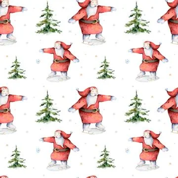 Seamless pattern with skating Santa Claus in forest, snowflakes and fir trees Stock Illustration