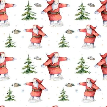 Seamless pattern with skating Santa Claus in forest, snowflakes and fir trees Stock Illustration
