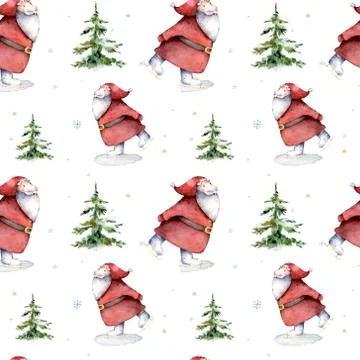 Seamless pattern with skating Santa Claus in forest, snowflakes and fir trees Stock Illustration