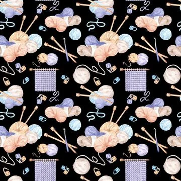 Seamless pattern of skein and ball of yarn, fabric sample and knitting needles 库存插图