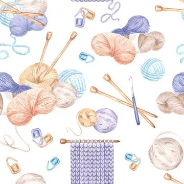 Seamless pattern of skein and ball of yarn, fabric sample and knitting needles イラスト素材