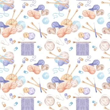 Seamless pattern of skein and ball of yarn, fabric sample and knitting needles イラスト素材