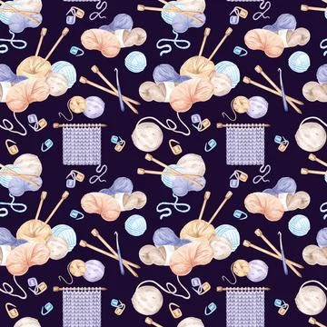 Seamless pattern of skein and ball of yarn, fabric sample and knitting needles Illustrazione stock