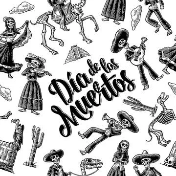 Seamless pattern skeleton in Mexican national costumes. Vintage vector black  스톡 일러스트