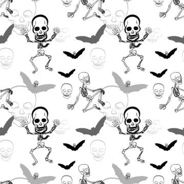 Seamless pattern of skeleton ,skull and bat on white background Illustrazione stock