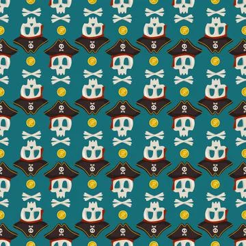 Seamless pattern with skeleton skull and crossbones in pirate cocked hat and Stock Illustration